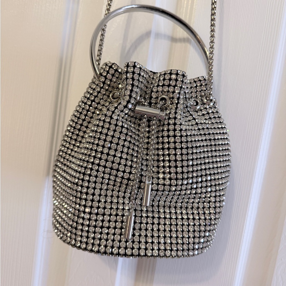 Silver Rhinestone Evening Bucket Bag, Crossbody or Handheld